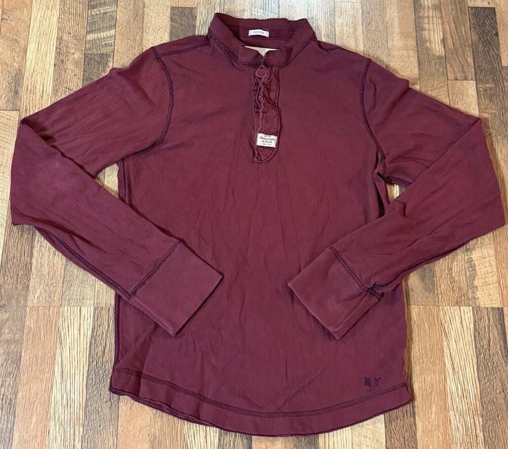 Abercrombie & Fitch Mens M Burgundy Rugby Henley Shirt Muscle Fit Long Sleeve